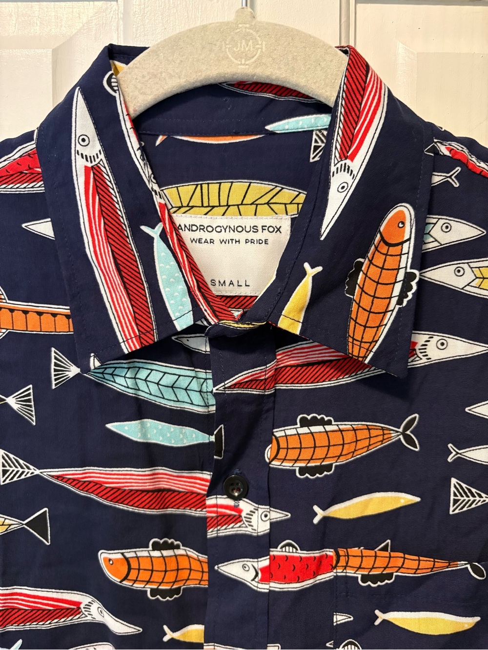 Androgynous Fox the Upstreamer fish navy button up short sleeve shirt s small - Picture 3 of 6